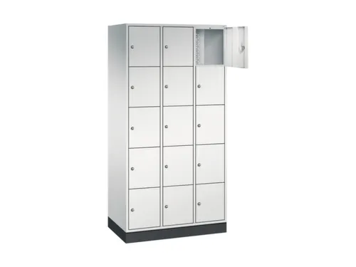 lockerkast,RAL 7035,HxBxD 1950x920x500mm,3x5vakken,cil.-slot,sokkel