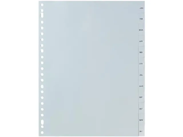 intercalaires, ft A4, perforation 23 trous, PP gris, januari-december