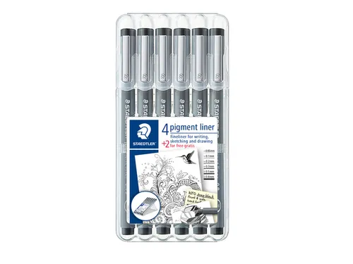 Fineliner Staedtler Pigment 308 zwart set 4+2 gratis 0.05-0.8mm