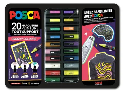 Paintmarker Uni POSCA Groovy Colours assorti metalen koffer à 20 stuk