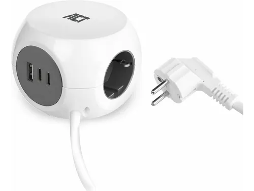Stekkerblok ACT 3 voudig inclusief 2x USB C en A 1.5 meter wit/grijs