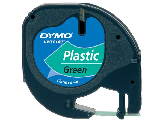 Labeltape Dymo Letratag 91204 plastic 12mm zwart op groen S0721640 | DymoEtiket.nl