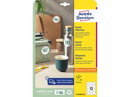 Etiket Avery L7104REV-25 rond 60mm wit 300 stuks 25 vel