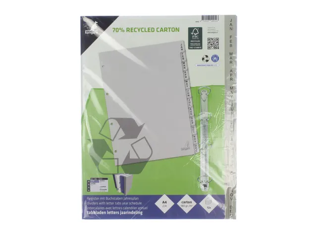 Tabblad ECO Kangaro A4 letters 180 grams grijs karton 4-gaats 12-delig