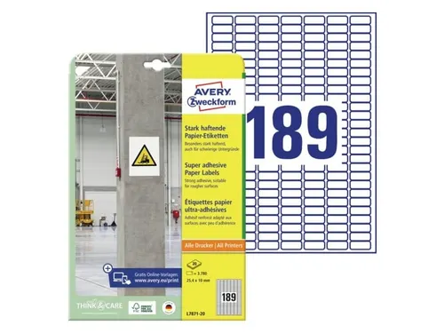 Etiket Avery zelfklevend 25,4x10mm wit permanent 20 vel 189 etiketten