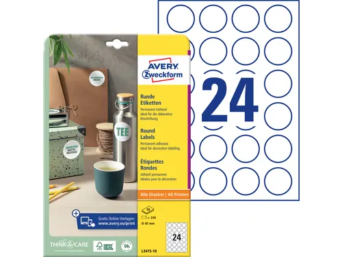 Etiket Avery L3415-10 rond 40mm wit 240stuks
