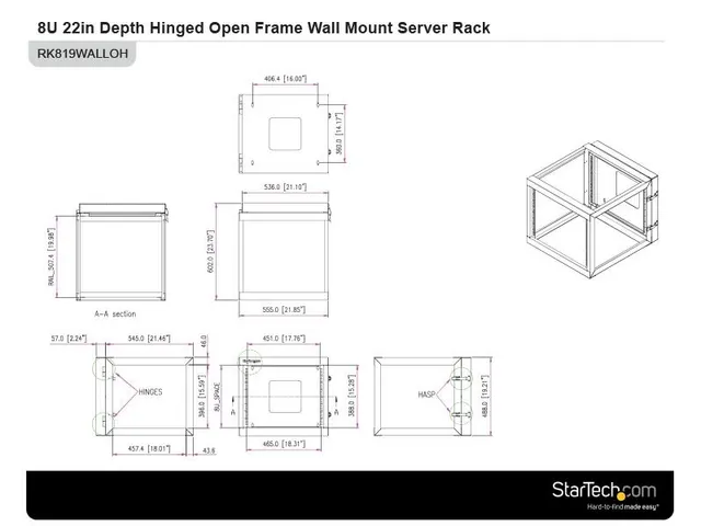 8U 22Inch Diep Scharnierend Open Frame Serverrack Wandmontage