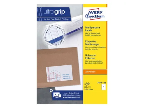 Etiket Avery Zweckform 3478-200 210x297mm A4 wit 200stuks