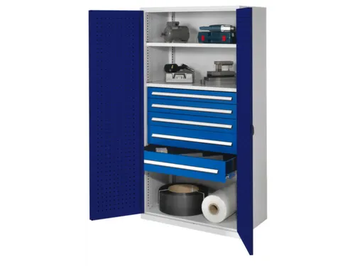 Materiaalkast Geperf. Deuren 1950x1000x600mm 2legborden 5laden Ral5010