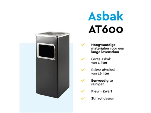 Afvalbak met asbak BRASQ 16 liter AT600 zwart