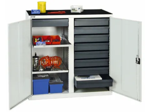 Materiaalkast 1000x1000x500mm 2legborden Uitschuifbaar 9laden Ral7035