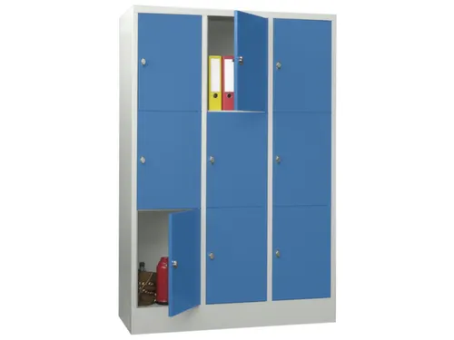 lockerkast,HxBxD 1850x1200x500mm,3x3vakken,RAL7035,front RAL5012