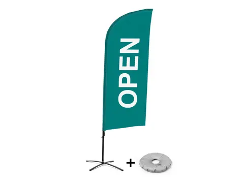 Promotievlag Alu Wind complete set "OPEN" Groen kruisvoet Zwart