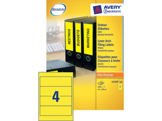 Rugetiket Avery Zweckform breed 192x61mm Geel L4769 400 stuks
