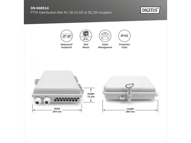 Buiten FTTH-box voor 16 kabels en 16x LC/DX of 16x SC/SX