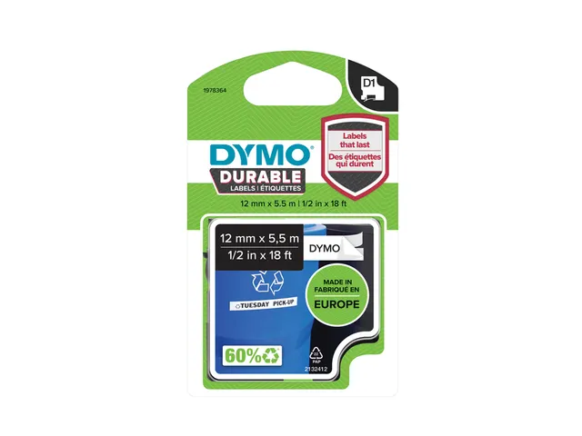 Labeltape D1 Dymo 1978364 12mmx5,5m zwart op wit