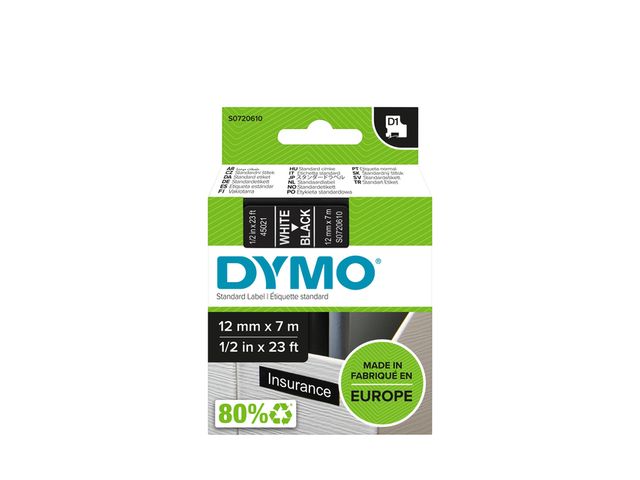 Labeltape Dymo 45021 D1 S720610 12mmx7m wit op zwart | DymoEtiket.nl