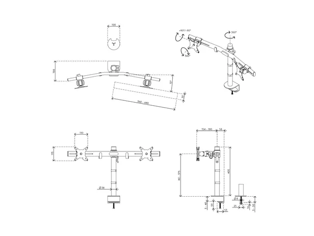 Bras Support 2 écrans Bureau Viewmate 642 Argent