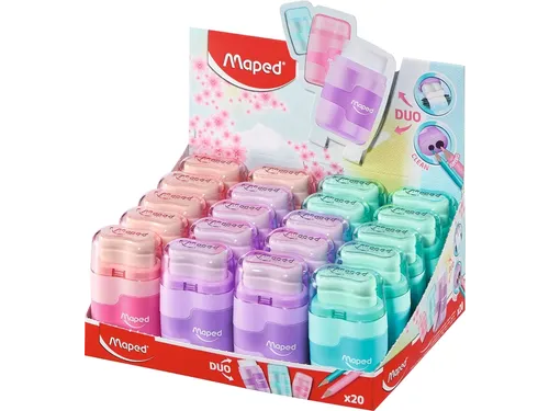 Puntenslijper Maped Connect 2-gaats met gum display à 20 stuks pastel