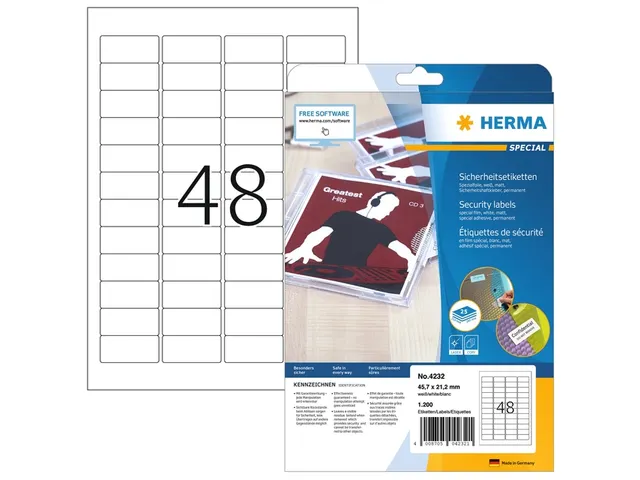 Etiquette de sécurité HERMA 4232 A4 45,7x21,2mm Blanc 1200 pièces