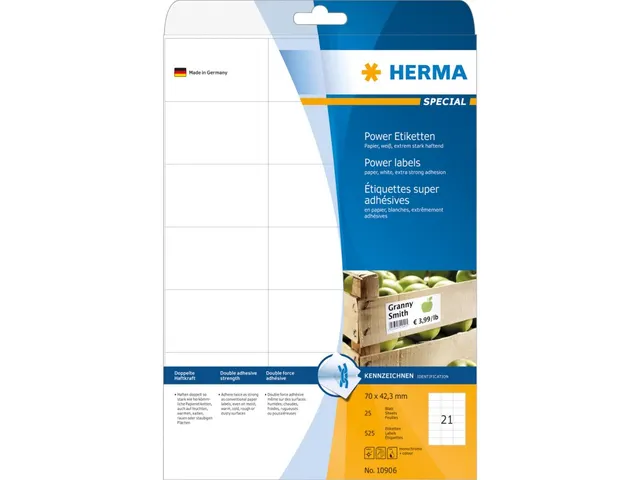 HERMA 10906 Power Etiketten A4 70x42,3mm Wit 525 stuks