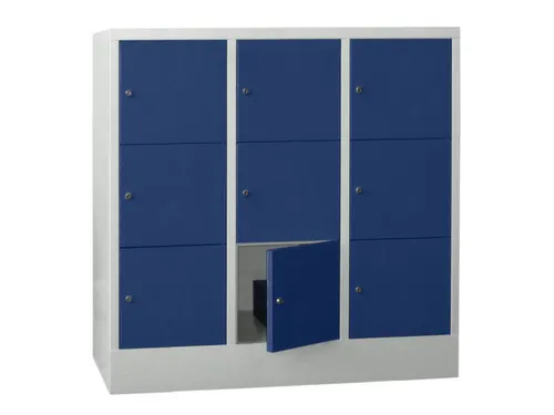 lockerkast,HxBxD 1187x1200x500mm,3x3vakken,RAL7035,front RAL5010
