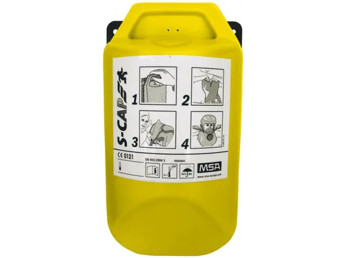 MSA S-Cap CO P vluchtmasker geel in lichtreflecterende muurbox