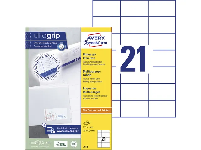 etiket Avery ILK 70x42,3mm 100 vel 21 etiketten per vel wit