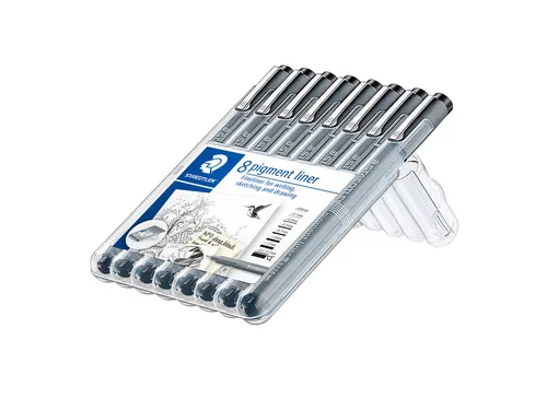 Fineliner Staedtler Pigment 308 zwart 8 stuks assorti lijnbreedtes