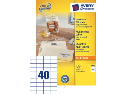 Etiket Avery Zweckform 3651 52.5x29.7mm wit 4000stuks
