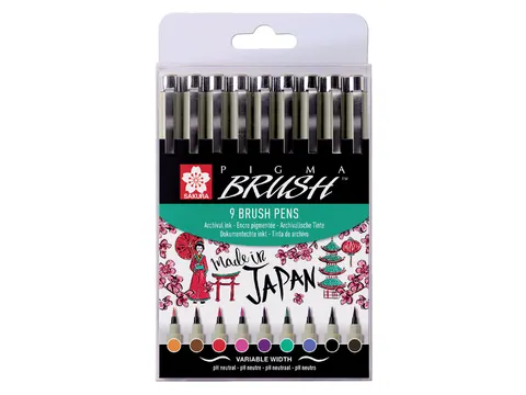 Viltstift met brushpen Bruynzeel Sakura Pigma etui 9 kleuren assorti