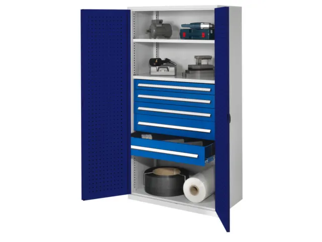 Materiaalkast Geperf. Deuren 1950x1000x600mm 2legborden 5laden Ral5010