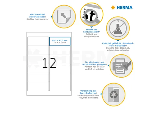 HERMA 10017 Verwijderbaar Adresetiket A4 99,1x42,3mm Wit 300 stuks