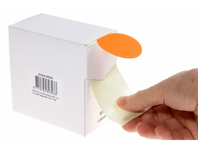 Etiquette sur rouleau 50mm rouge fluo + dévidoir 500 pièces