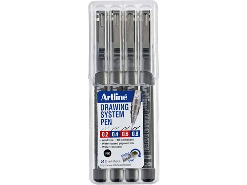 Fineliner Artline technisch etui met 0.2-0.4-0.6-0.8mm zwart