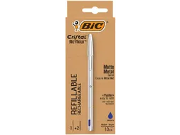 Balpen Bic Cristal Re-new medium zilver + 2 vullingen blauw