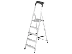 aluminium trapladder,eenzijdig,5treden,bordes geribbeld,stand H 1,04m