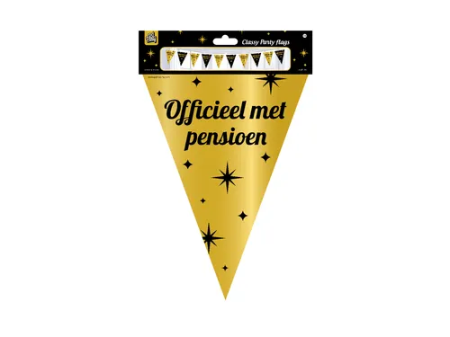 Slinger Folie vlaggen Party Flag Foil 'Pensioen' Goud-Zwart 30cmx10m