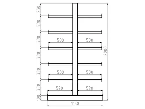 Draagarmstelling Dubbelzijdig 2000x5400x1150mm 6gelijk Lange Armen