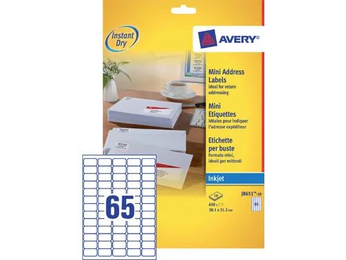 Etiket Avery J8651-10 38.1x21.2mm Inkjet Wit 650 Stuks