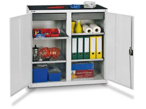 Materiaalkast 1000x1000x500mm 4legborden Uitschuifbaar 2laden Ral7035
