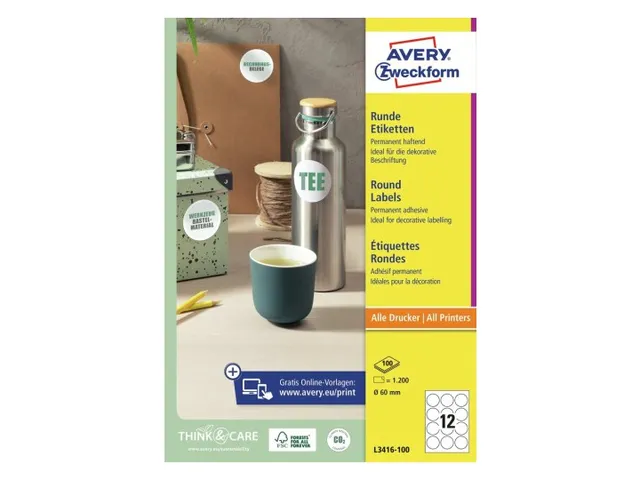 Etiket Avery L3416-10 rond 60mm wit 120stuks