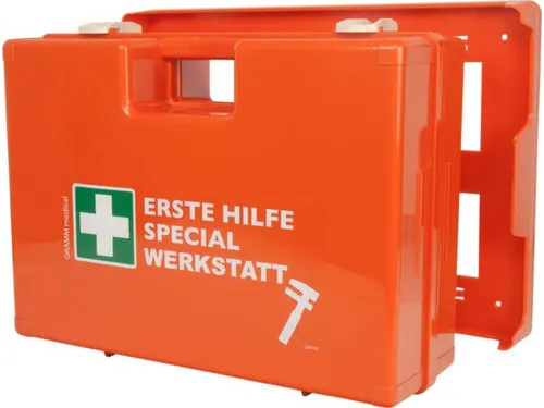 verbandkoffer,v. werkplaats,DIN 13157,ABS oranje,m. wandhouder