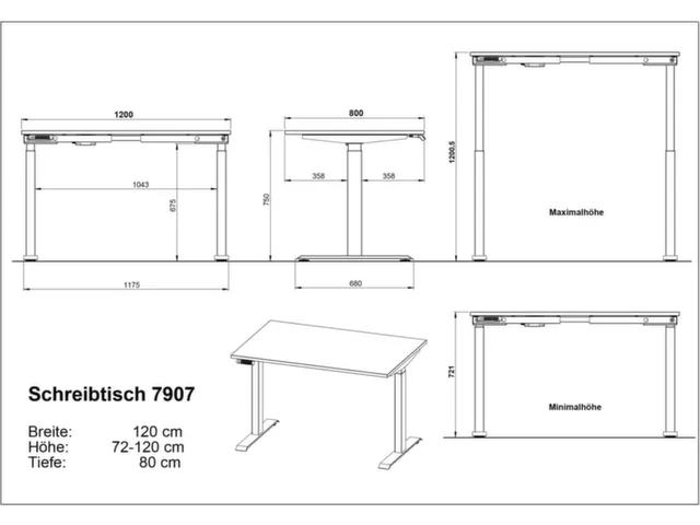 Bureau à hauteur réglable élec.,HxlxP 720-1200x1200x800mm
