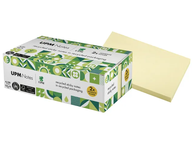 Sticky notes UPM recycled 125x75mm geel blok 100 vel, doos 4x blok