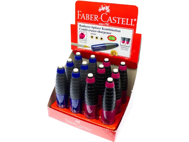 gum/potloodslijper Faber-Castell Combi rood/blauw display a 12 stuks