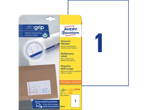 Etiket Avery Zweckform 6119 210x297mm A4 wit 25stuks