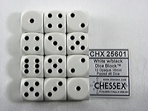 Dobbelsteen Chessex White/black D6 16mm set à 12 stuks