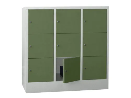 lockerkast,HxBxD 1187x1200x500mm,3x3vakken,RAL7035,front RAL6011