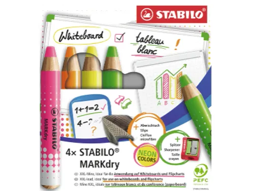 Whiteboardpotlood STABILO MARKdry 4 stuks neon kleuren
